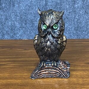 Vintage V.C.P.‎ Handcrafted Coal Owl Statue Figurine Green Eyes USA Made 1980